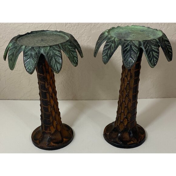 Vintage Metal Green & Brown Palm Tree Candleholders - Picture 2 of 8